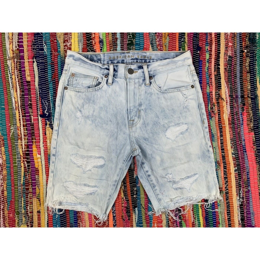 American Eagle Mens Blue Distressed Denim Jean Shorts Size 28 Raw Hem